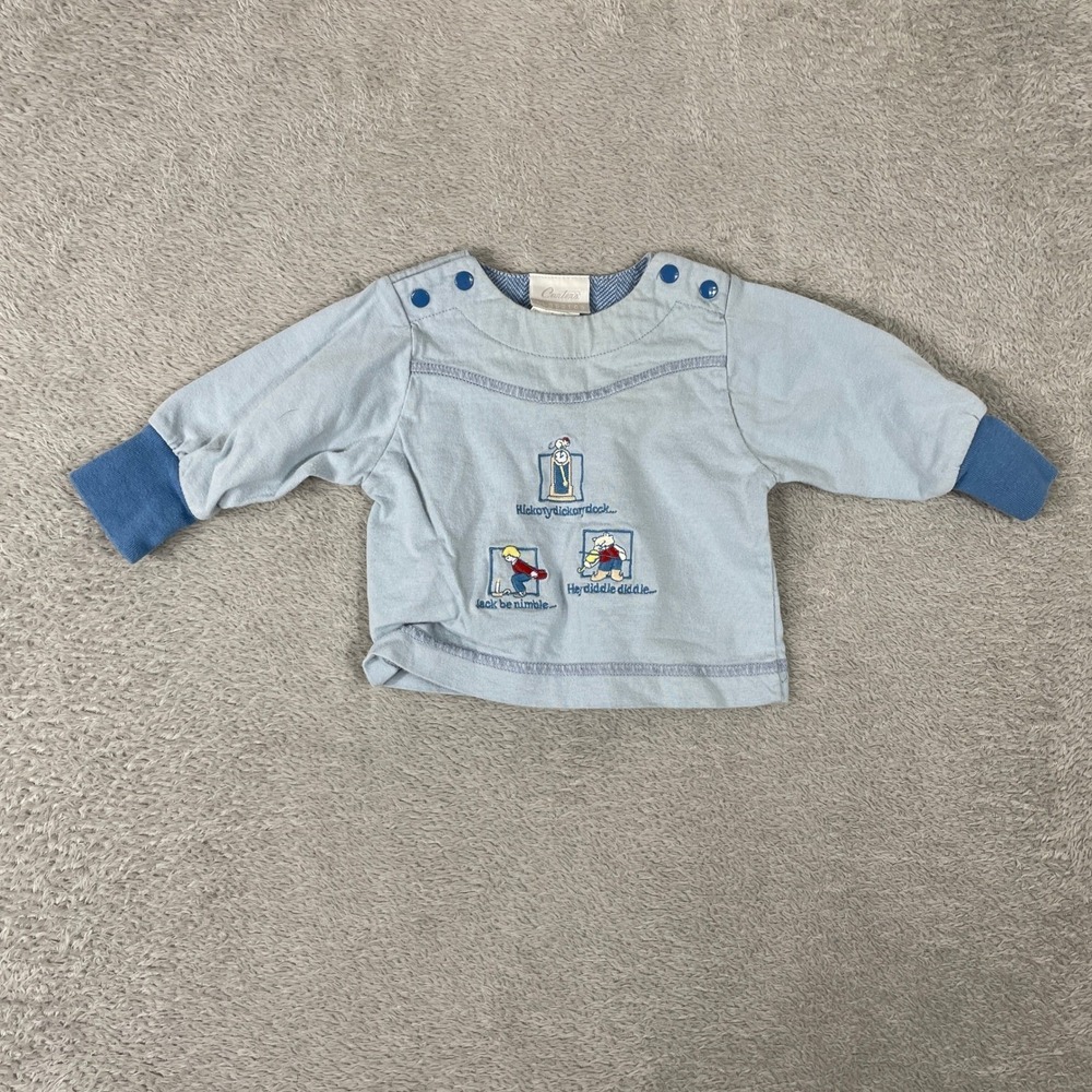 Vintage‎ Carters Classics Shirt Baby 0-3M Blue Nursery Rhyme Embroidered 90s